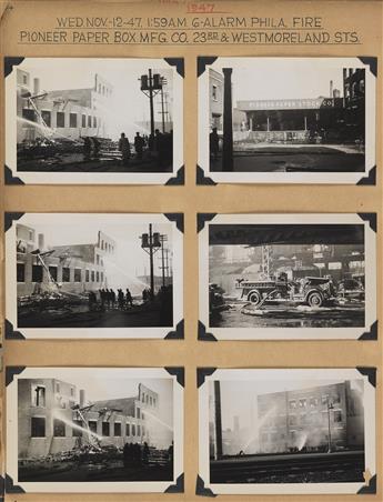 (PHILADELPHIA--FIREFIGHTING) Album entitled Photographs of Fires 1947 - 195, with 128 photographs depicting firefighting efforts throug